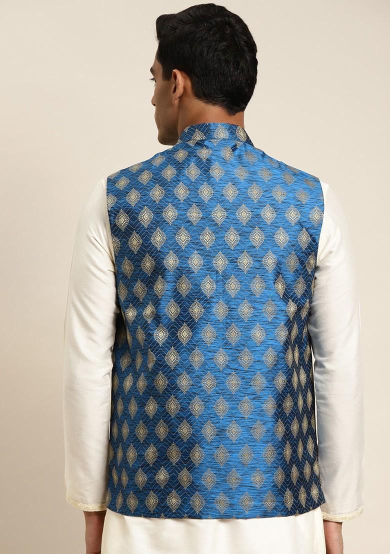 Blue Woven Jacquard Nehru Jackets For Men