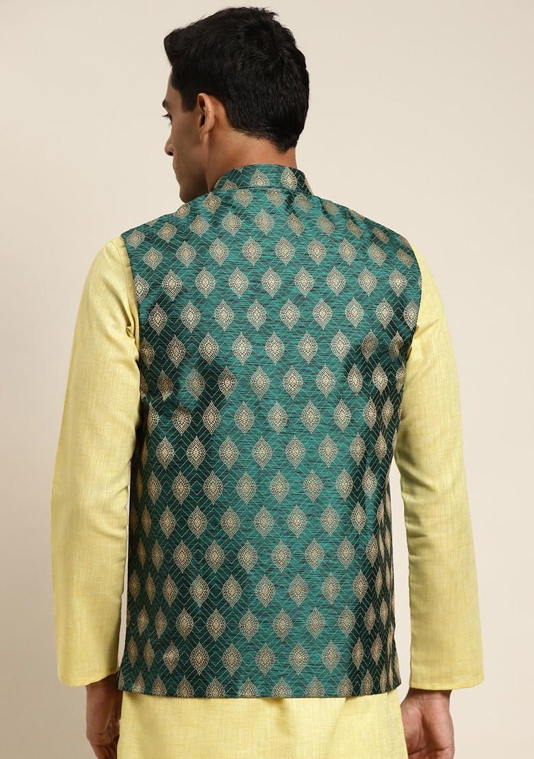 Green Woven Jacquard Nehru Jackets For Men