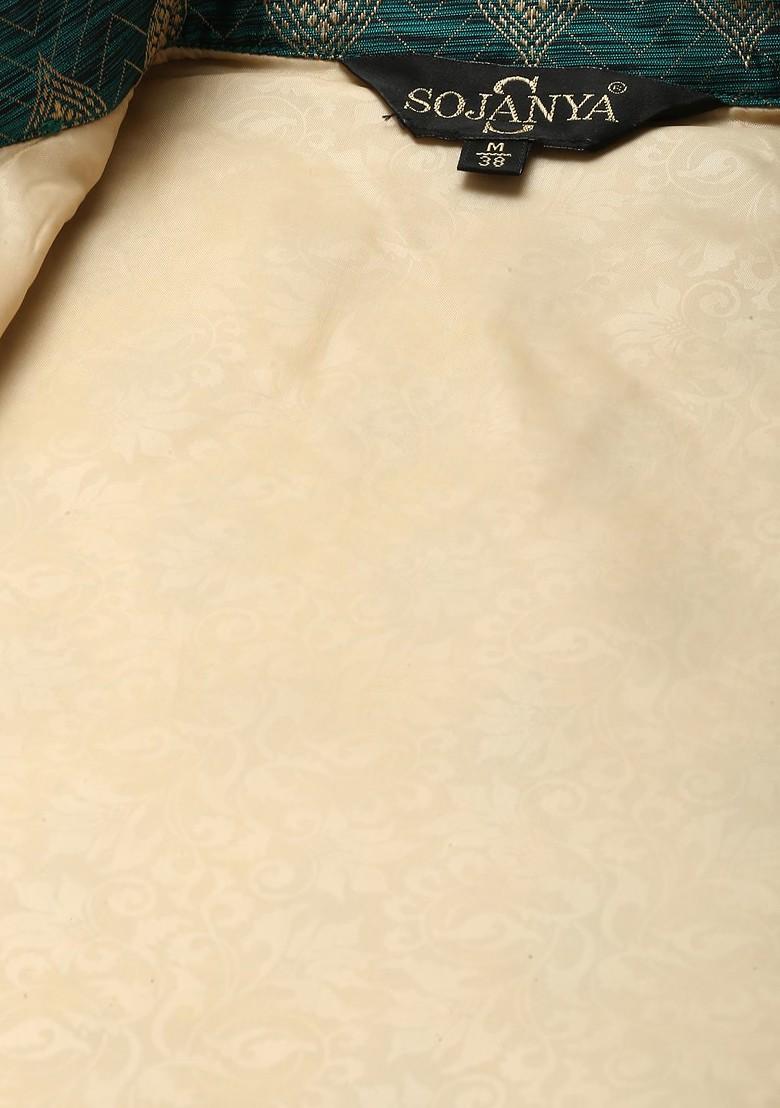 Green Woven Jacquard Nehru Jackets For Men