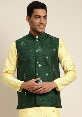 Green Mirror Work Poly Blend Nehru Jackets For Men
