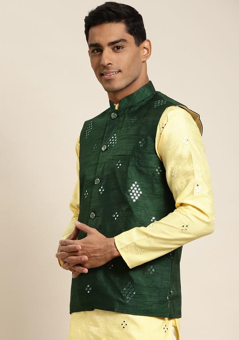Green Mirror Work Poly Blend Nehru Jackets For Men