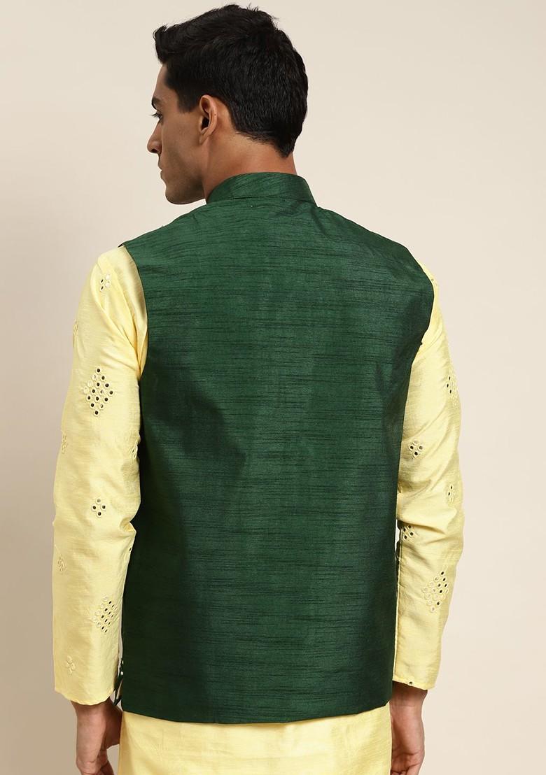 Green Mirror Work Poly Blend Nehru Jackets For Men
