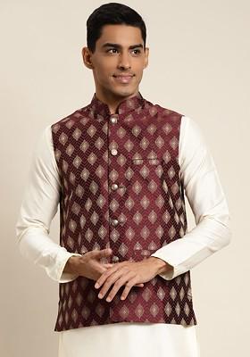 Maroon Woven Jacquard Nehru Jackets For Men