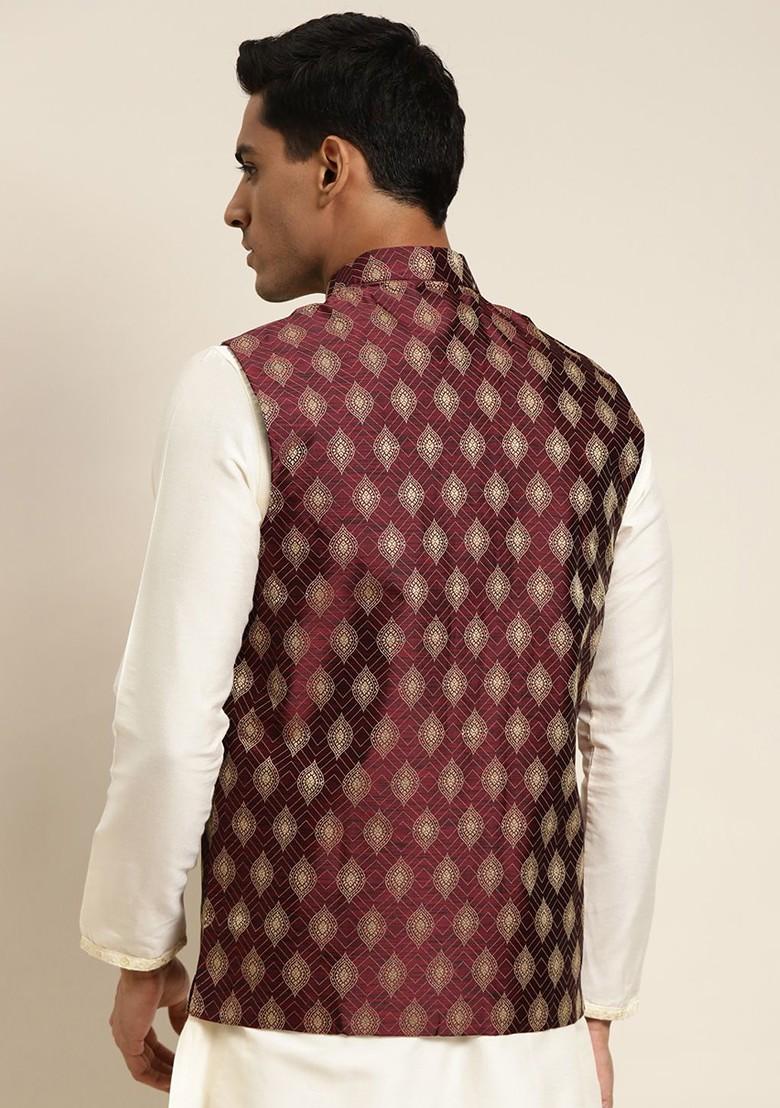 Maroon Woven Jacquard Nehru Jackets For Men