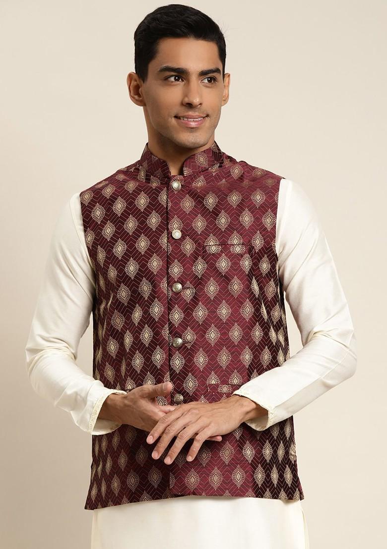 Maroon Woven Jacquard Nehru Jackets For Men