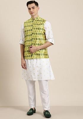 Green Printed Poly Blend Nehru Jackets For Men