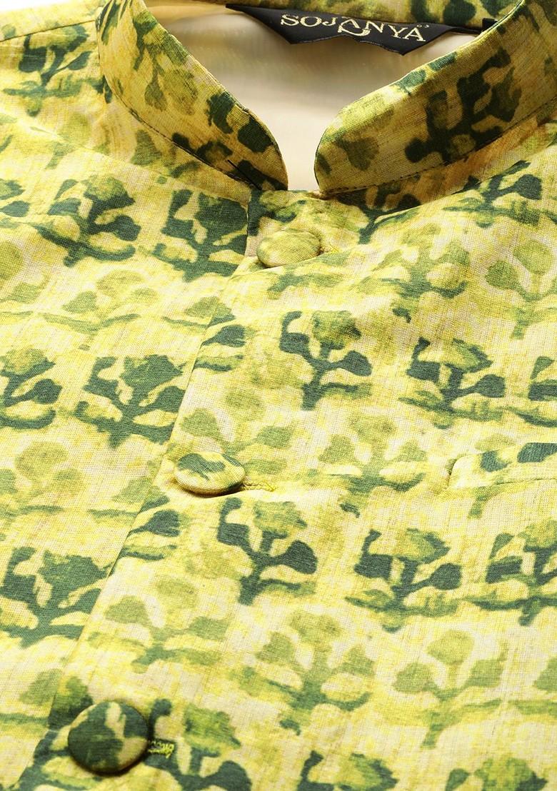 Green Printed Poly Blend Nehru Jackets For Men
