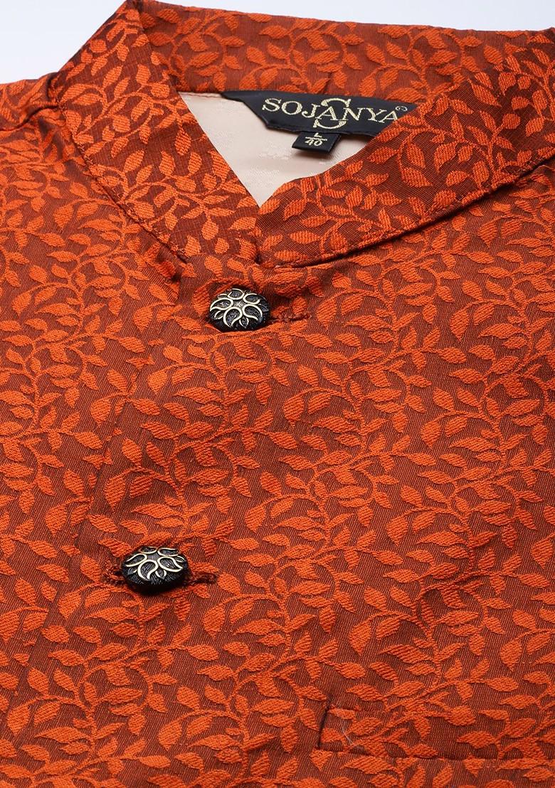 Rust Orange Woven Jacquard Nehru Jackets For Men