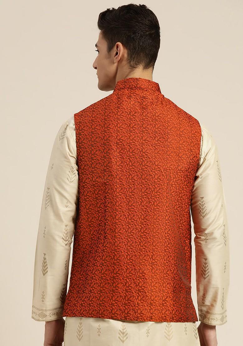 Rust Orange Woven Jacquard Nehru Jackets For Men