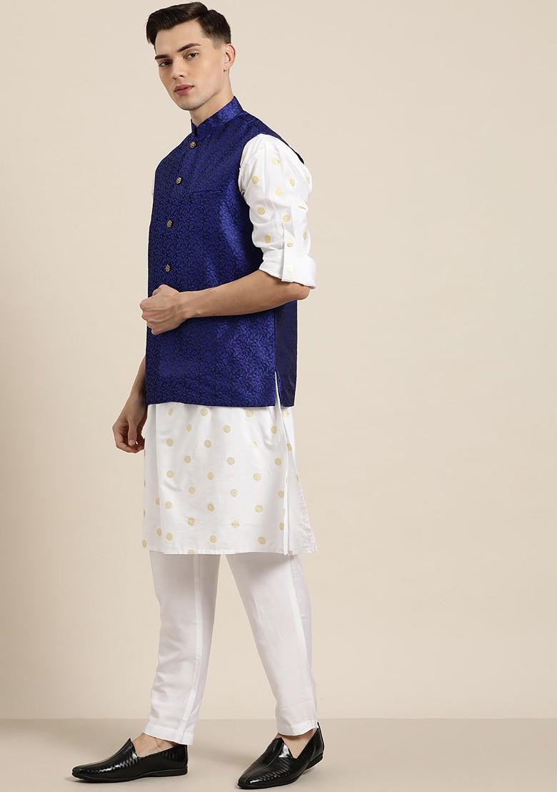 Blue Solid Jacquard Nehru Jackets For Men
