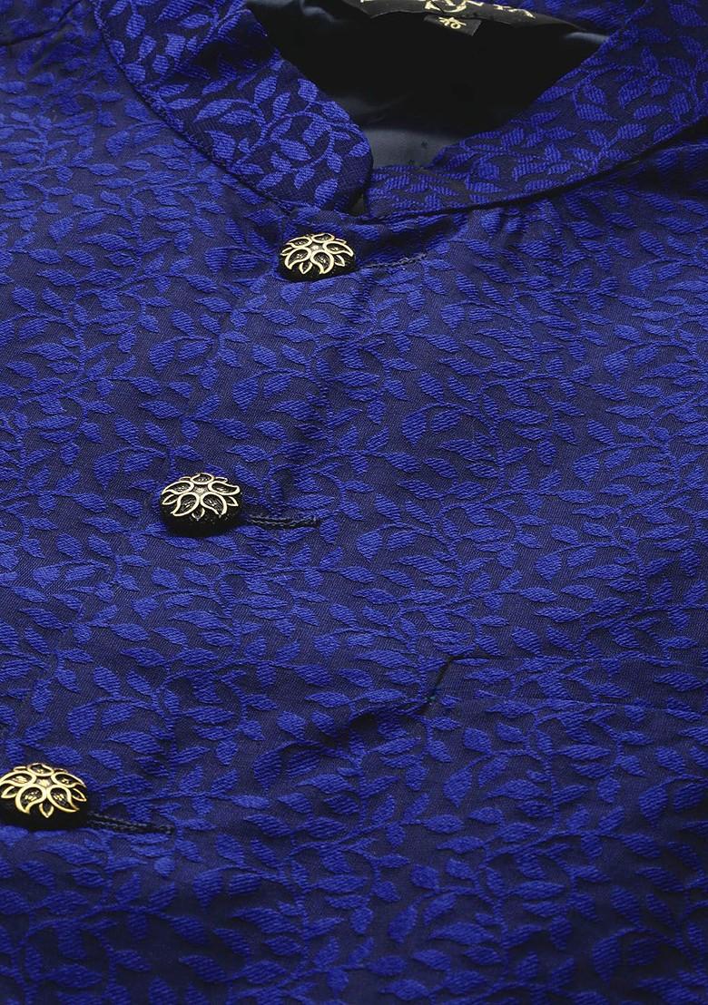 Blue Solid Jacquard Nehru Jackets For Men