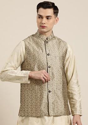 Charcoal Grey Solid Jacquard Nehru Jackets For Men