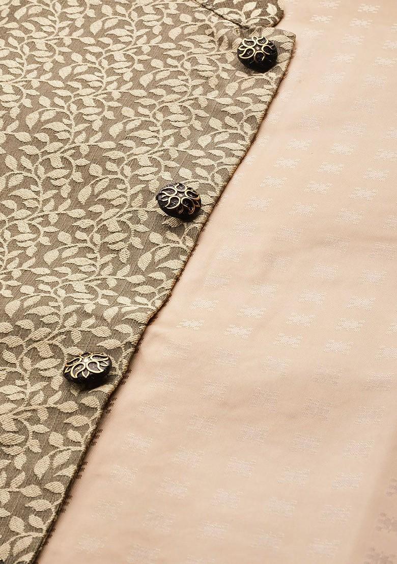 Charcoal Grey Solid Jacquard Nehru Jackets For Men