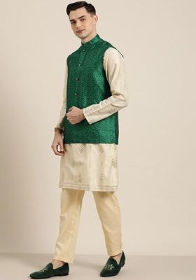 Green Solid Jacquard Nehru Jackets For Men