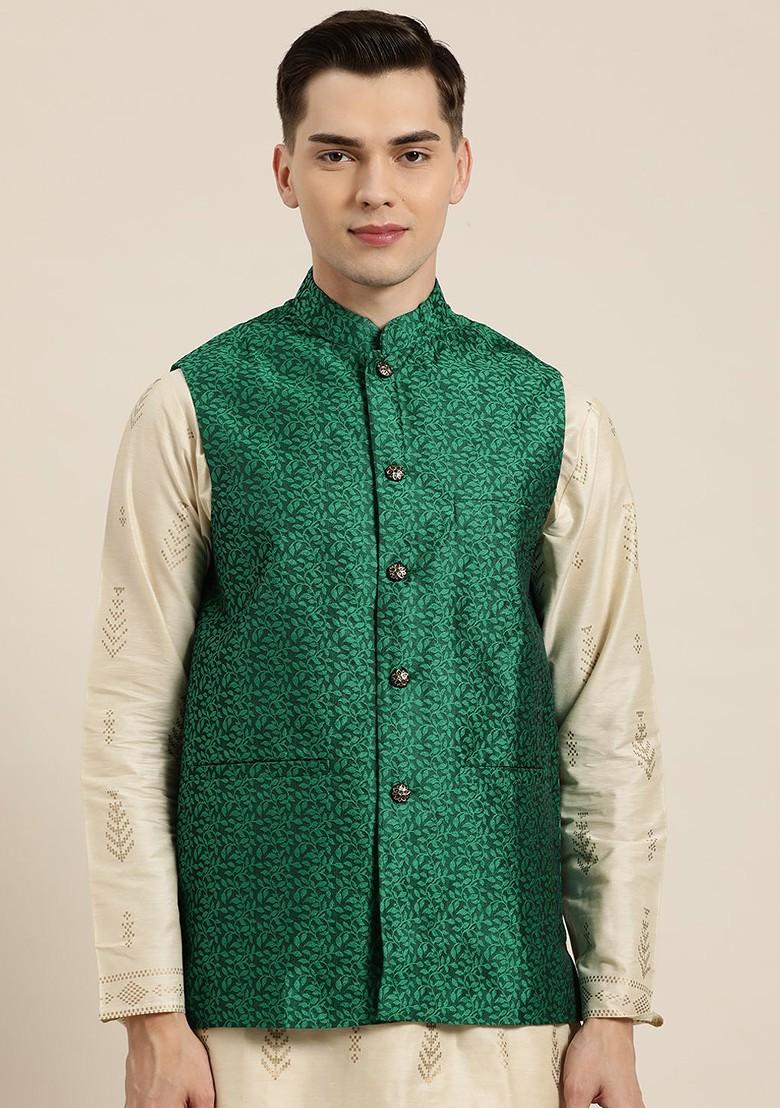 Green Solid Jacquard Nehru Jackets For Men