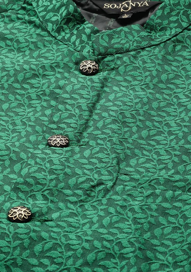 Green Solid Jacquard Nehru Jackets For Men