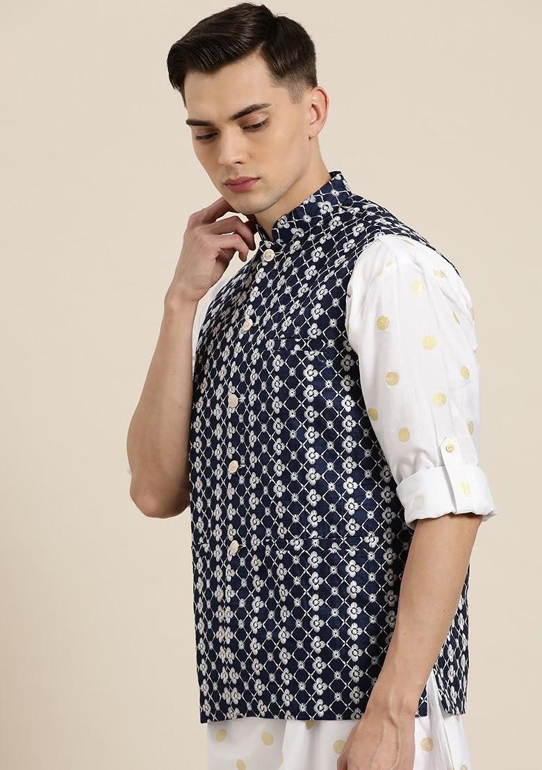Navy Blue Embroidered Poly Blend Nehru Jackets For Men