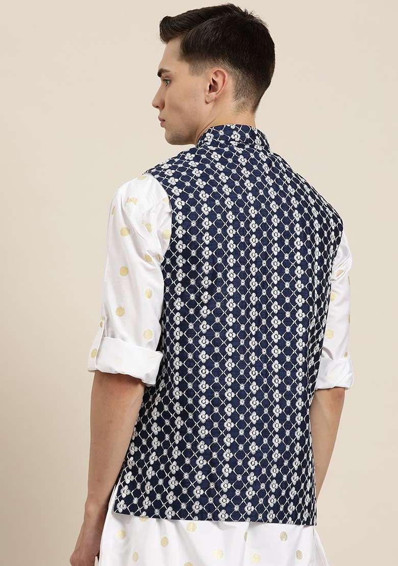 Navy Blue Embroidered Poly Blend Nehru Jackets For Men - Indya