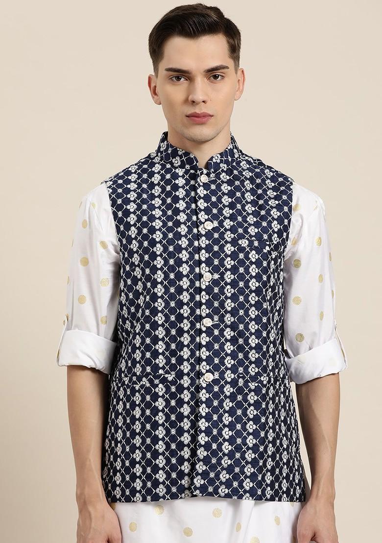 Navy Blue Embroidered Poly Blend Nehru Jackets For Men