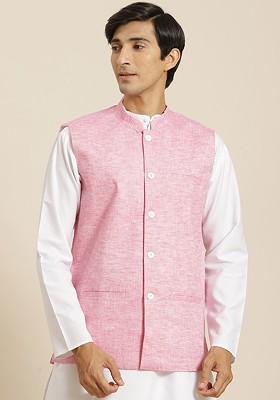 Pink Solid Cotton Nehru Jackets For Men