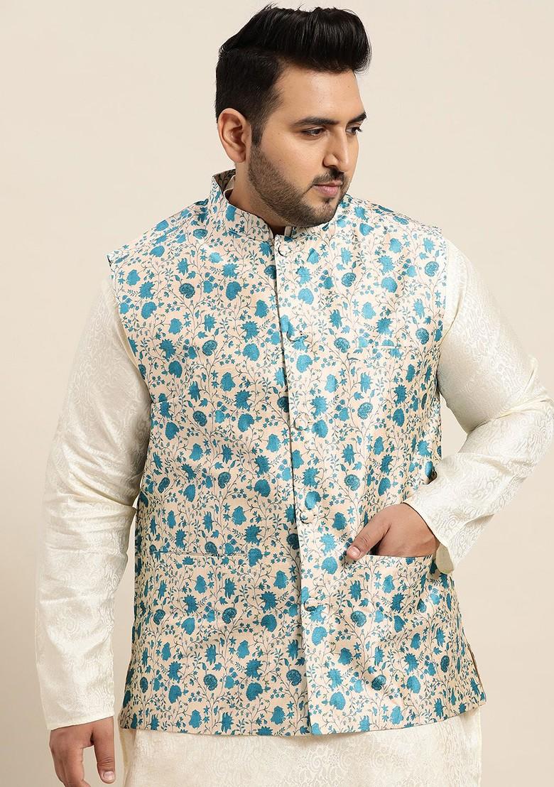 Peach Ethnic Motifs Silk Nehru Jackets For Men