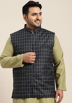 Navy Blue Checked Poly Blend Nehru Jackets For Men