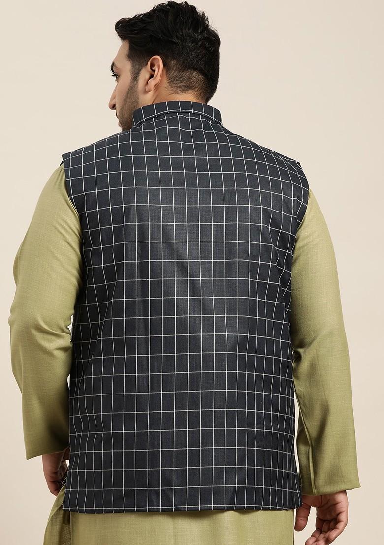 Navy Blue Checked Poly Blend Nehru Jackets For Men