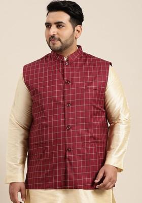 Maroon Checked Poly Blend Nehru Jackets For Men