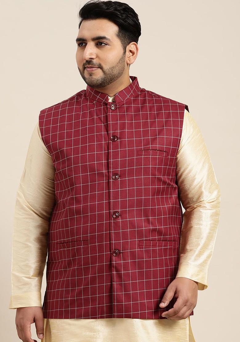 Maroon Checked Poly Blend Nehru Jackets For Men