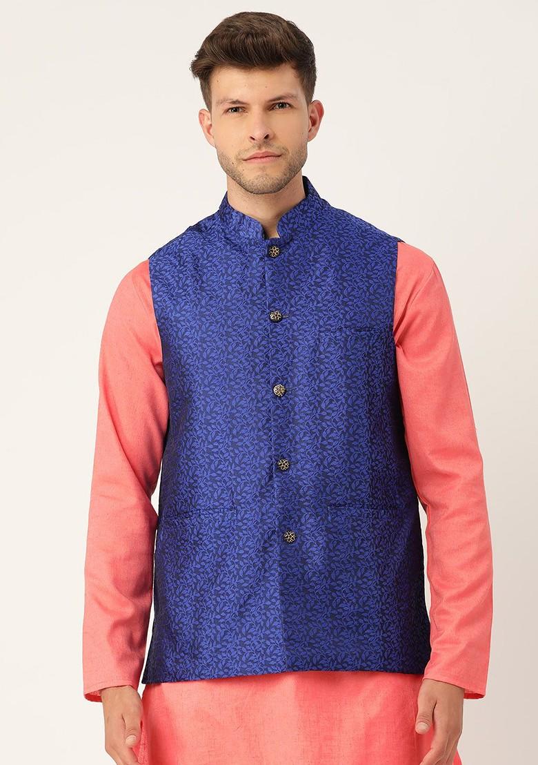 Blue Solid Silk Nehru Jackets For Men