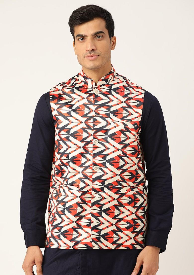 Orange Printed Poly Blend Nehru Jackets For Men