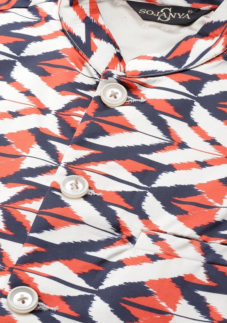 Orange Printed Poly Blend Nehru Jackets For Men