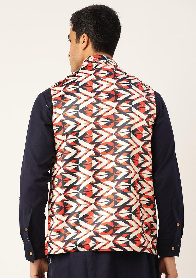 Orange Printed Poly Blend Nehru Jackets For Men