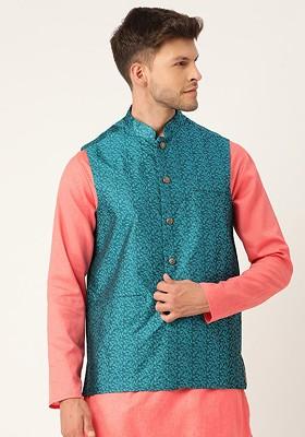 Turquoise Blue Solid Silk Nehru Jackets For Men