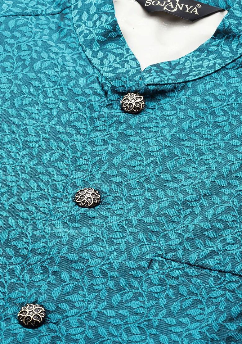 Turquoise Blue Solid Silk Nehru Jackets For Men