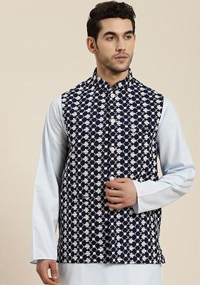 Navy Blue Woven Poly Blend Nehru Jackets For Men