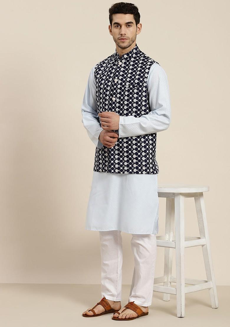 Navy Blue Woven Poly Blend Nehru Jackets For Men