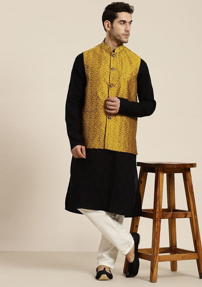 Mustard Solid Jacquard Nehru Jackets For Men