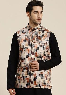 Beige Printed Silk Nehru Jackets For Men