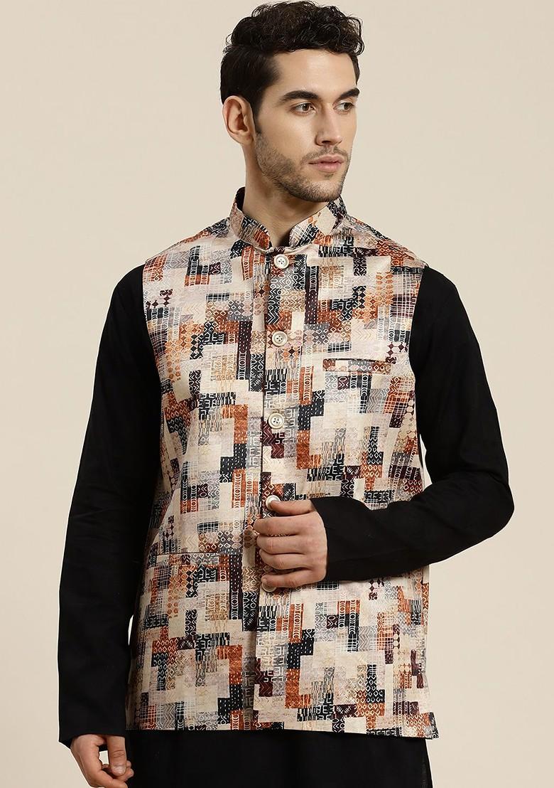 Beige Printed Silk Nehru Jackets For Men
