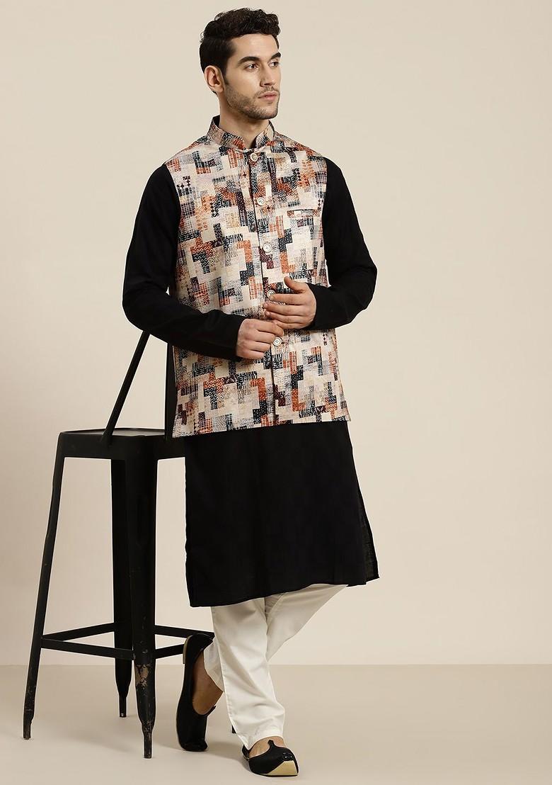 Beige Printed Silk Nehru Jackets For Men