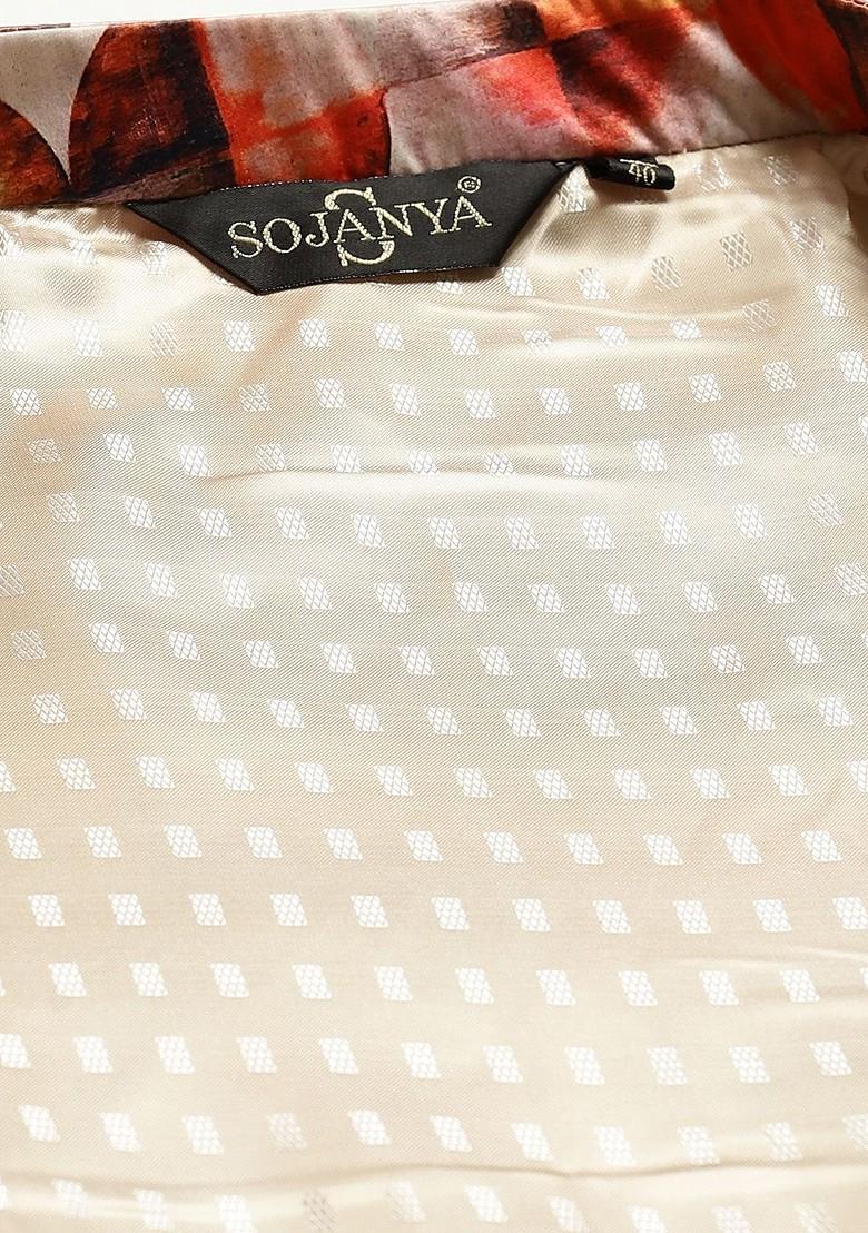 Off White Printed Poly Blend Nehru Jackets For Men