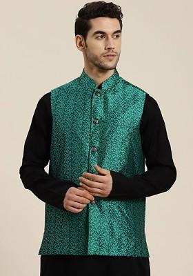 Green Solid Jacquard Nehru Jackets For Men