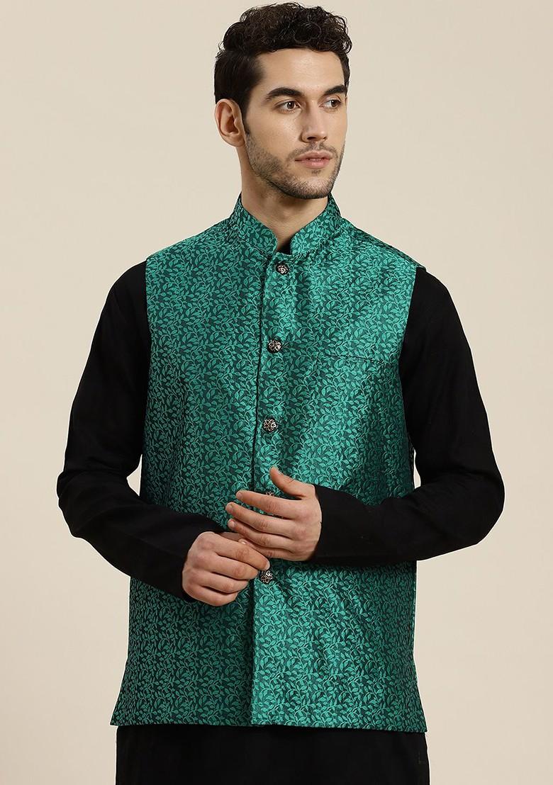 Green Solid Jacquard Nehru Jackets For Men