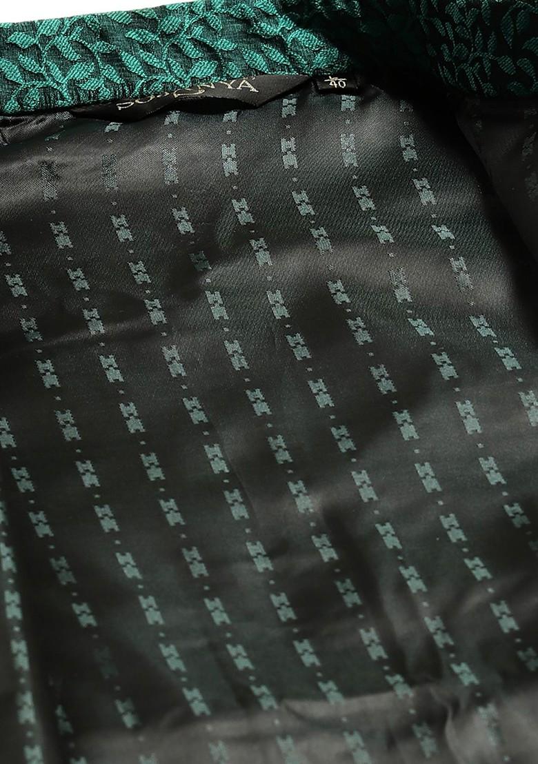 Green Solid Jacquard Nehru Jackets For Men