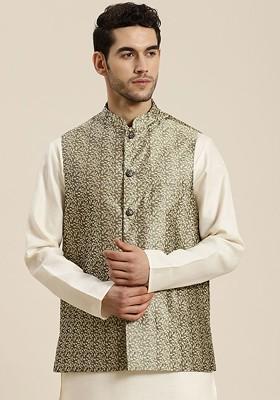 Charcoal Grey Solid Jacquard Nehru Jackets For Men