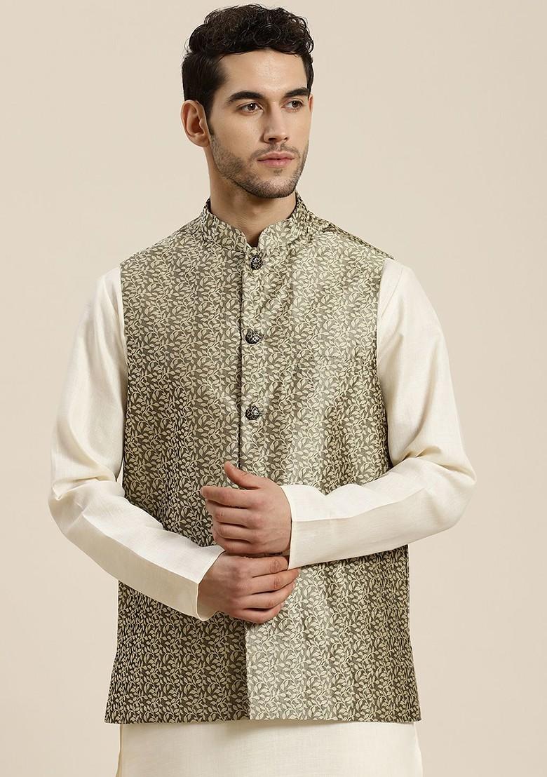 Charcoal Grey Solid Jacquard Nehru Jackets For Men