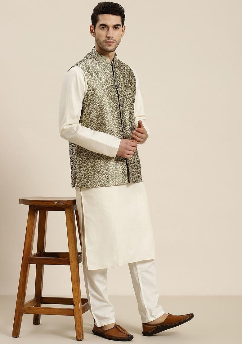 Charcoal Grey Solid Jacquard Nehru Jackets For Men