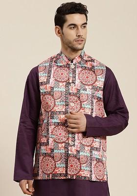 Rust Orange Printed Poly Blend Nehru Jackets For Men