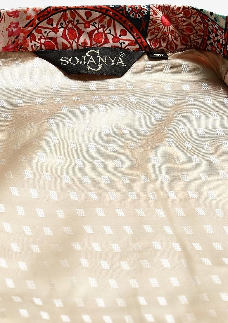 Rust Orange Printed Poly Blend Nehru Jackets For Men